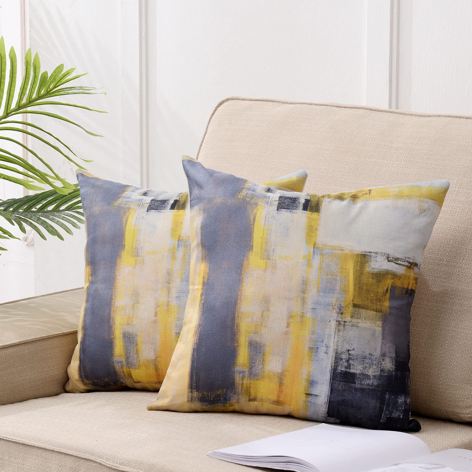 DWDC Cushion Covers 45x45cm Pack of 2 Abstract Art Pillow Cover, Yellow and Dark Grey Contemporary Gallery Home Decorative Throw Pillows Cover for Bedroom Sofa Living Room18x18inch