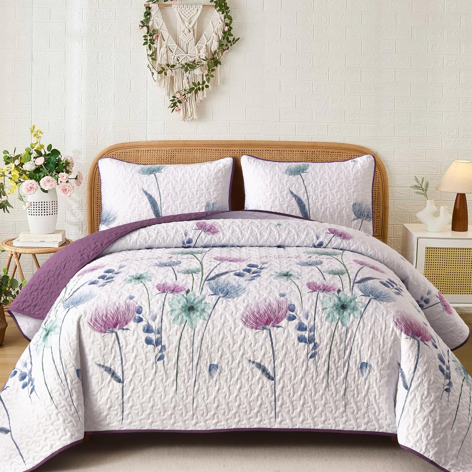 Dinjoy Queen Quilt Set-3 Pieces Floral Purple Bedspread Coverlet Set,Soft Lightweight Microfiber Bedding Set,96"x90" Image