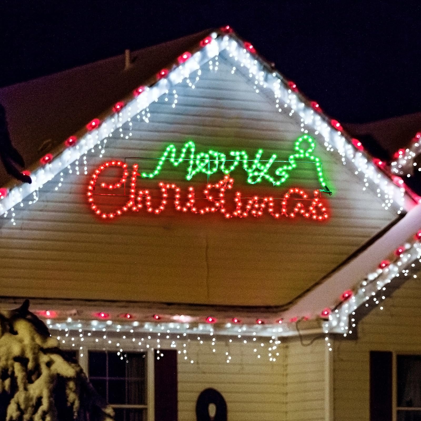Photo 1 of ROCEEI Large LED Merry Christmas Neon Motif Bright Red and Green Outdoor LEDs Christmas Decoration for Outdoor Home Party Wall Hanging Holiday (Colorful, Letter)