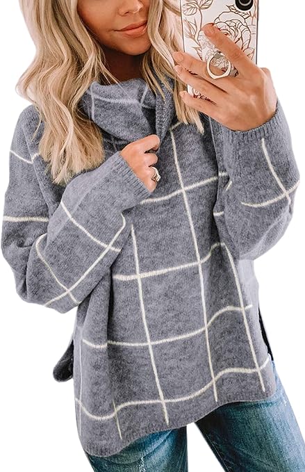 ECOWISH Women Pullover Sweater Turtleneck Plaid Long Sleeve Loose Casual Chunky Checked Knitted Winter Sweaters Jumper Tops Gray Medium