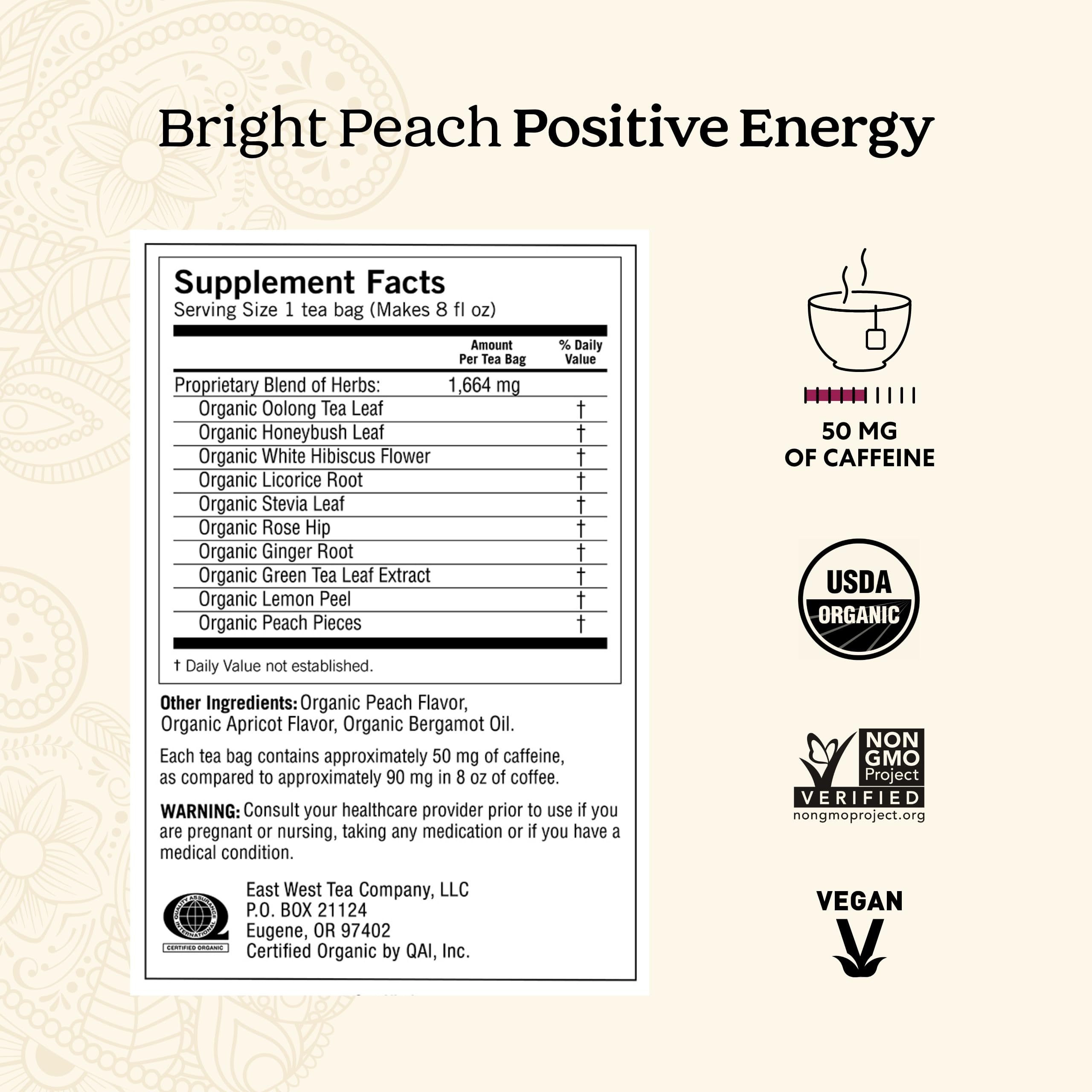 Yogi Tea Bright Peach Positive Energy Tea - 16 Tea Bags per Pack (6 Packs) - Organic Tea to Support Focus & Energy - Includes Oolong Tea Leaf, White Hibiscus Flower, Rose Hips & More
