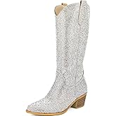 SOVANYOU Women's Rhinestone Cowboy Boots Pointed Almond Toe Block Heel Sparkly Cowgirl Boots