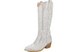 SOVANYOU Women's Rhinestone Cowboy Boots Pointed Almond Toe Block Heel Sparkly Cowgirl Boots