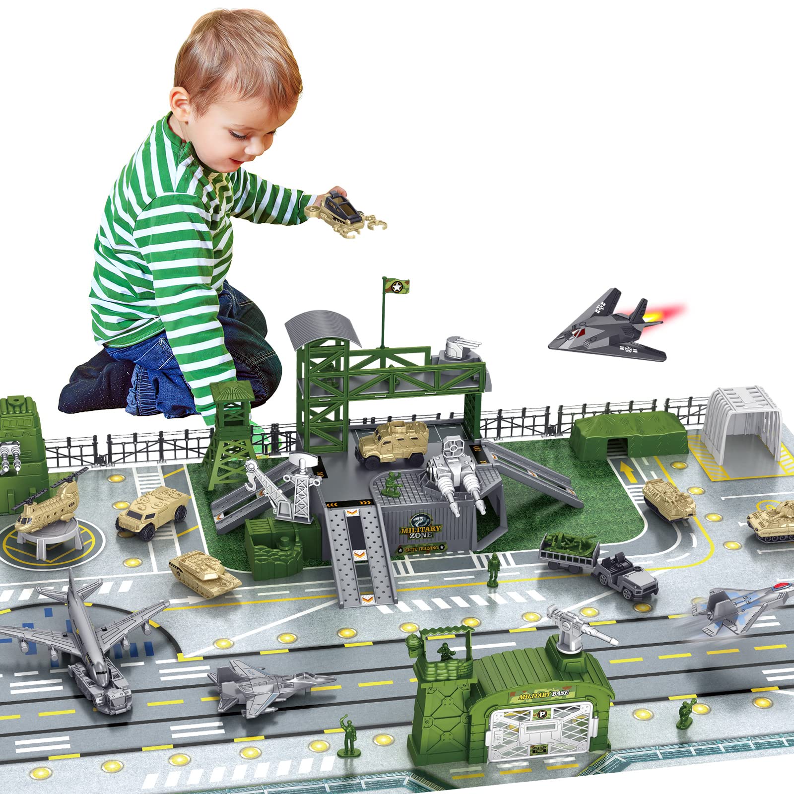 deAO Military Base Set with Army Soldiers, Vehicle, Weapons, Accessories & Game Card (38 Pieces, 50 cm x 10 cm x 2 cm, Ages 3+)