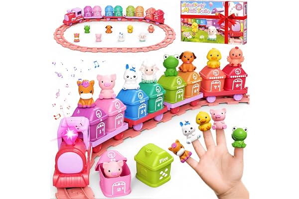Electric Train Set for Toddlers 2-4 with Farm Animals, Music & Lights, Pink | Montessori Counting & Sorting Train Toy, 37 Pie