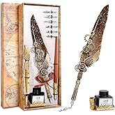 Quill Pen Calligraphy Pen Set, Antique Mechanical Steampunk Style Feather Pen Includes 1 Wooden Dip Pen, 8 Nibs, 1 Bottle of 