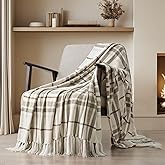 EVERGRACE Plaid Chenille Throw Blanket for Couch, Super Soft Cozy Decorative Farmhouse Plaid Throw with Tassels, Lightweight Chenille Knit Throw for Bed Sofa Gift Home Decor, Beige 50”x60”