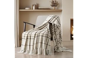 EVERGRACE Plaid Chenille Throw Blanket for Couch, Super Soft Cozy Decorative Farmhouse Plaid Throw with Tassels, Lightweight Chenille Knit Throw for Bed Sofa Gift Home Decor, Beige 50”x60”