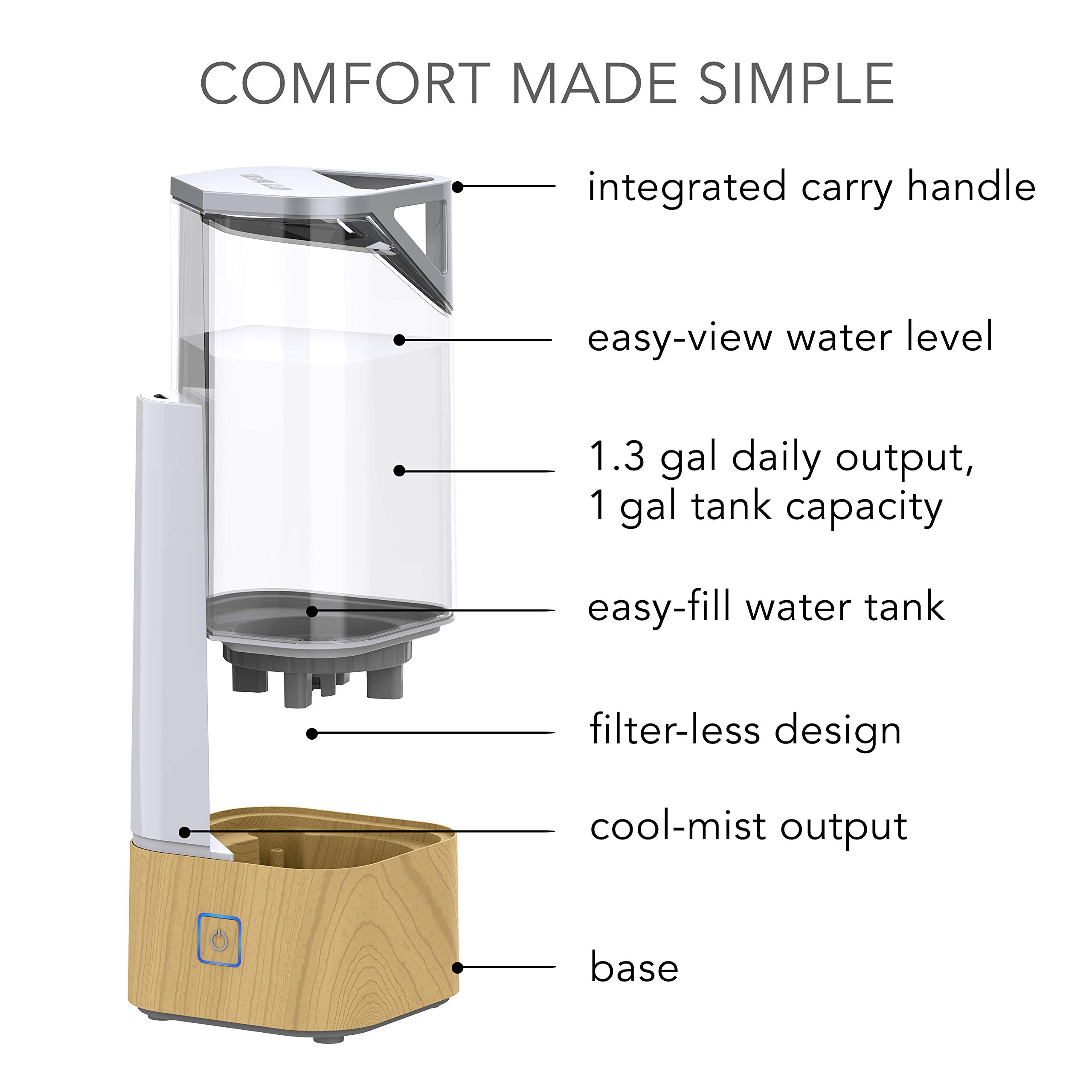 Sharper Image UHS1-SI Ultrasonic Cool Mist Humidifier, 1 Gallon, 2 Settings, Auto Shut-Off, Illuminated Touch Control, Low Water Indicator, Easy Fill Tank, 1.0 Gallon, Ash Woodgrain