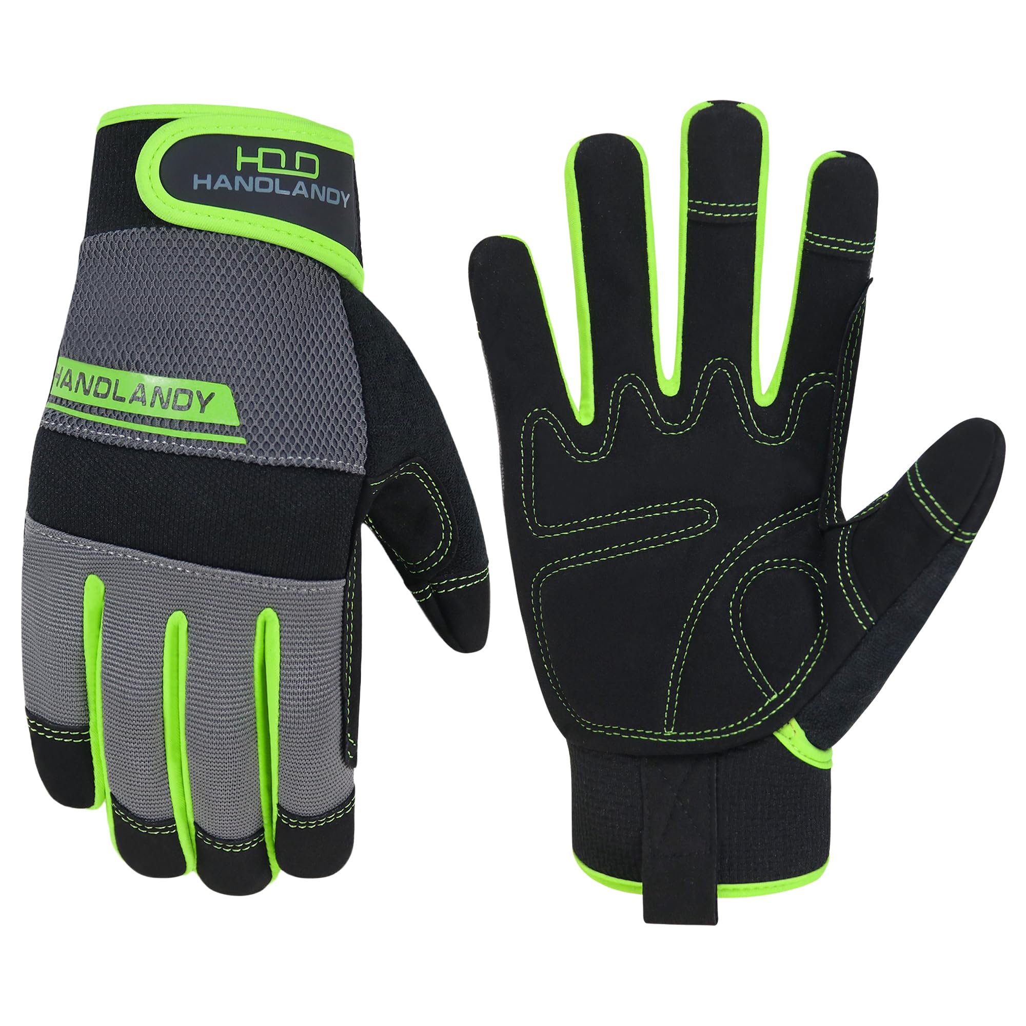 HANDLANDY Safety Work Gloves Men Women, Utility Padded Mechanic Builders Construction Warehouse Working Gloves Touch Screen Gardening Glove (Green, XL)
