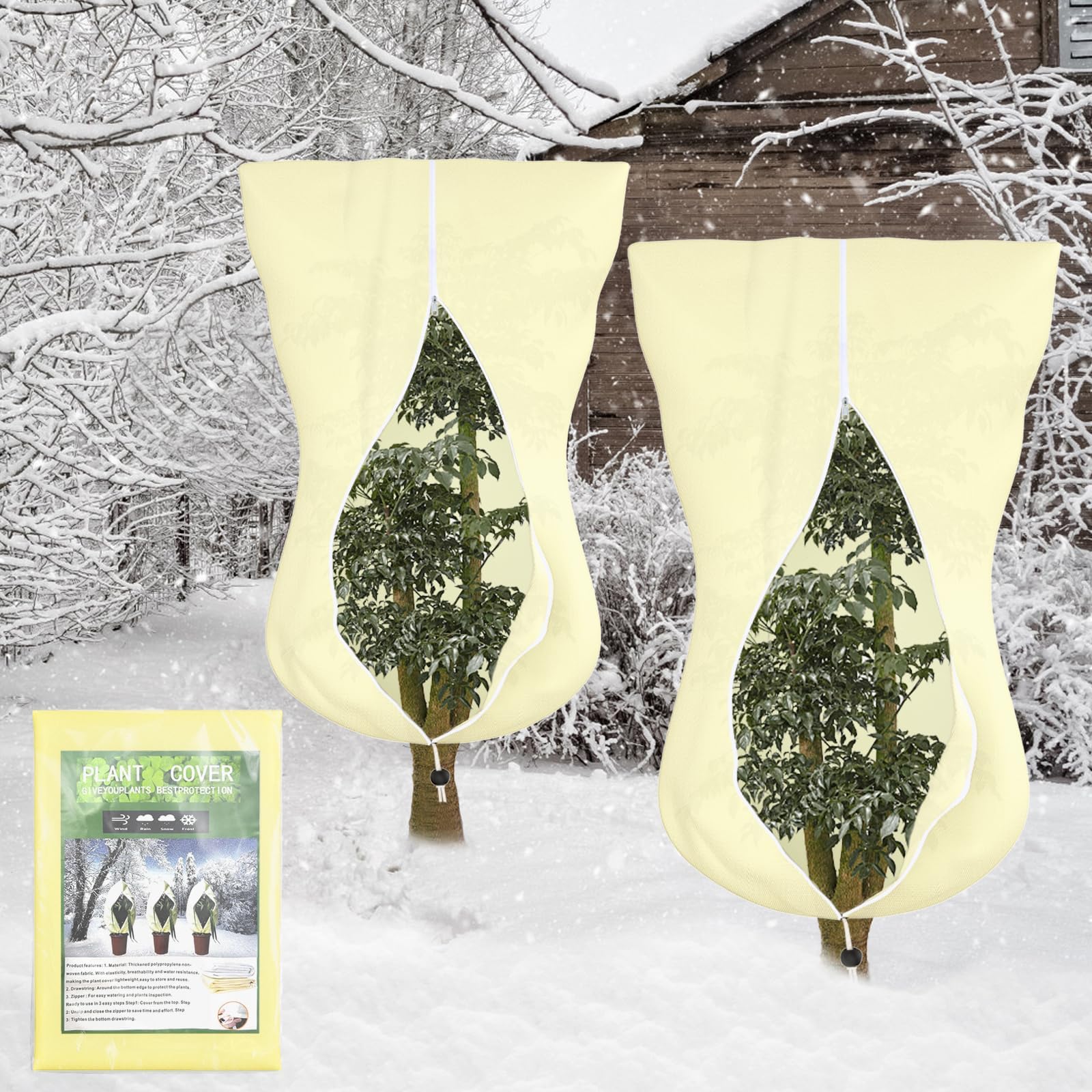 Hanotic 2 Packs Garden Plant Fleece Frost Protection, 100 * 120 cm Frost Blankets Plant Covers for Winter with Drawstring, Cloches for Plants Outdoor Potted Fruit Trees (Zipper)