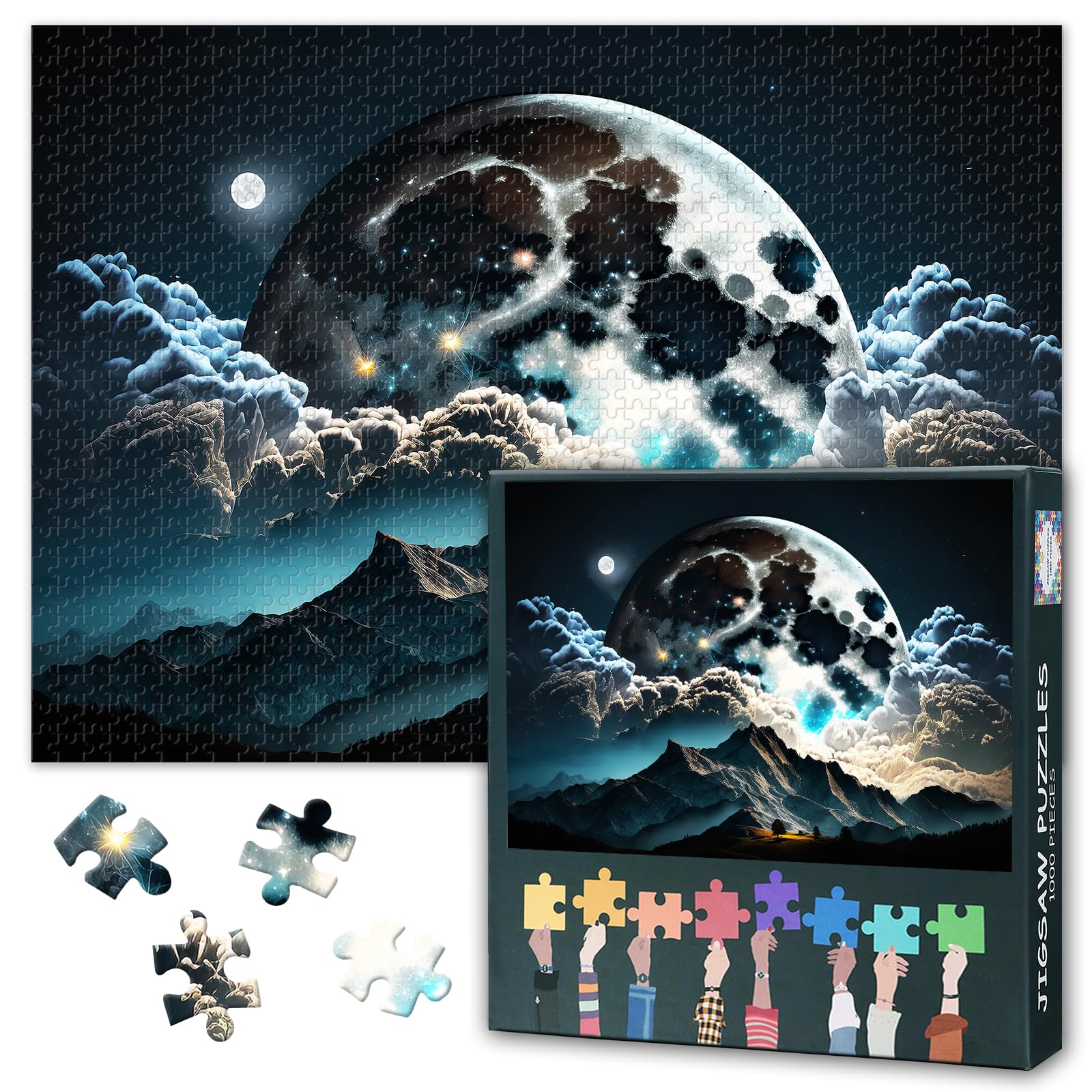 Beautiful Cloud Landscape Jigsaw Puzzles for Adults 1000 Pieces, Full Moon and Dark Clouds Over a Mountain Range 1000 Piece Puzzle, Serene Natura Jigsaw Puzzles, 19.5 x 27.5 Inch