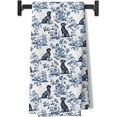 BUJSP Chinoiserie Labrador Retriever Kitchen Towels, Blue and White Floral Botanical Grandmillennial Dog Decorative Dish Tea Towels for Bathroom, Labrador Retriever Dog Gifts for Women Men,16x24 Inch