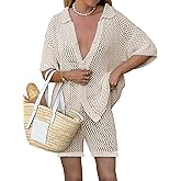 Famulily 2 Piece Shorts Set for Women Sexy Hollow Out Swimsuit Cover Up Button Down Shirt and Wide Leg Shorts Matching Set