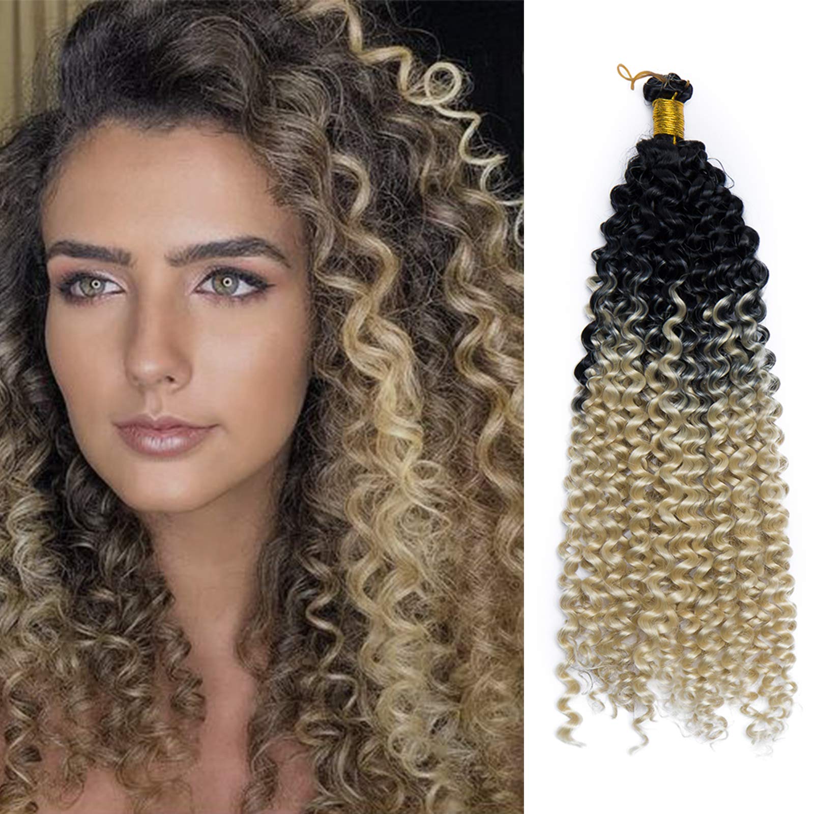 Afro Brading Hair Marlybob Crochet Hair Water Wave Curly Braids for Braiding Hairpiece Synthetic Hair Extensions(Black to Light Blond; 14inch)
