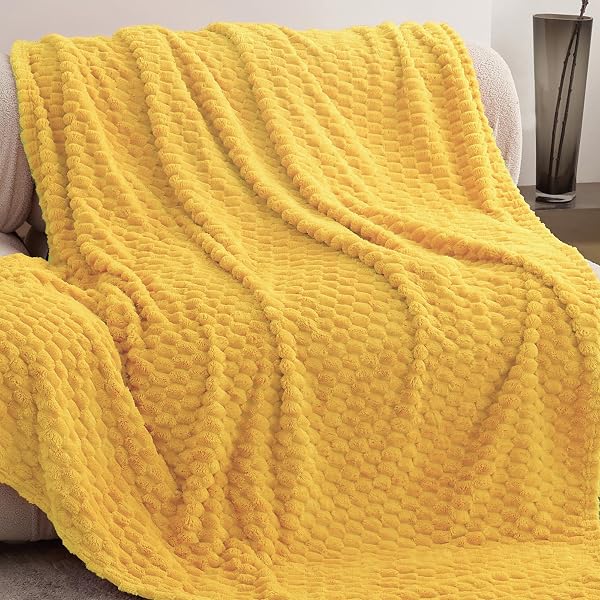 KORBLISS SUPER SOFT FLEECE TWIN BLANKET 50X70 INCHES FOR COUCH, PREMIUM SILKY WITH 3D IMITATION TURTLE SHELL JACQUARD DECORATIVE BLANKETS, LIGHTWEIGHT AND COZY FOR SOFA.YELLOW