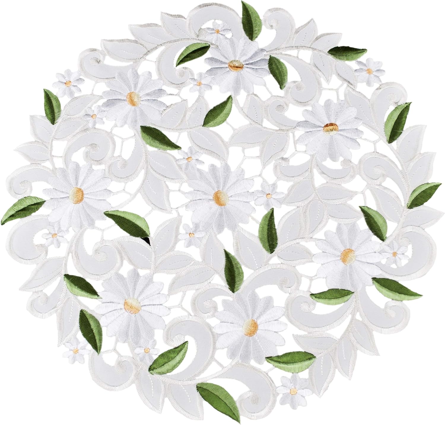 Embroidered Cut Work White Daisy on Ivory Doily Placemat 15 inches Round