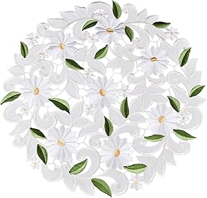 Embroidered Cut Work White Daisy on Ivory Doily Placemat 15 inches Round