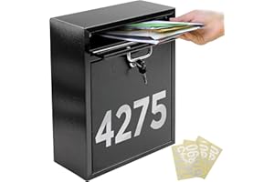 LITGURU X-Large Locking Mailbox - Wall Mount Mailbox for Outside with Lock, 3 Sets of Mailbox Numbers Stickers, Black（16.1 x 11.4 x 4.5 Inches）