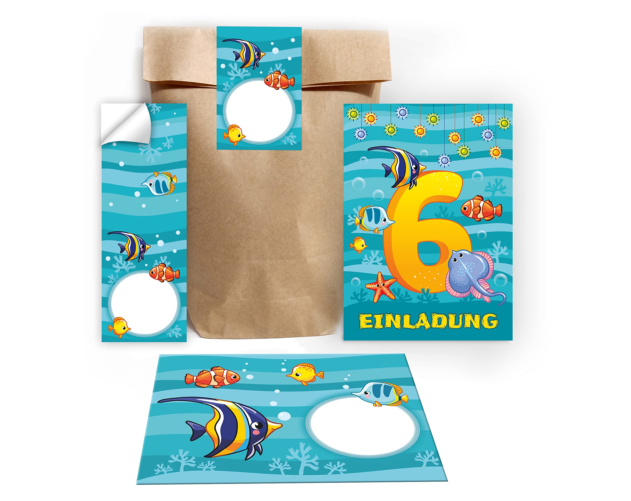 12 Invitation Cards for 6th Children's Birthday Boys Girls Fish Including 12 Envelopes, 12 Bags/Natural, 12 Stickers