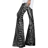 EVALESS Women Sequin Pants Sparkly Glitter High Waisted Wide Leg Flare Trousers Bell Bottom Night Out Clubwear