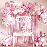 Pink Bow Birthday Party Decorations, Coquette Birthday Decorations with Bow Banner, Pearl White Light Metallic Pink Foil Balloons, Sash, Fringe Curtain, Cake Topper, Butterfly for Girls Princess Women