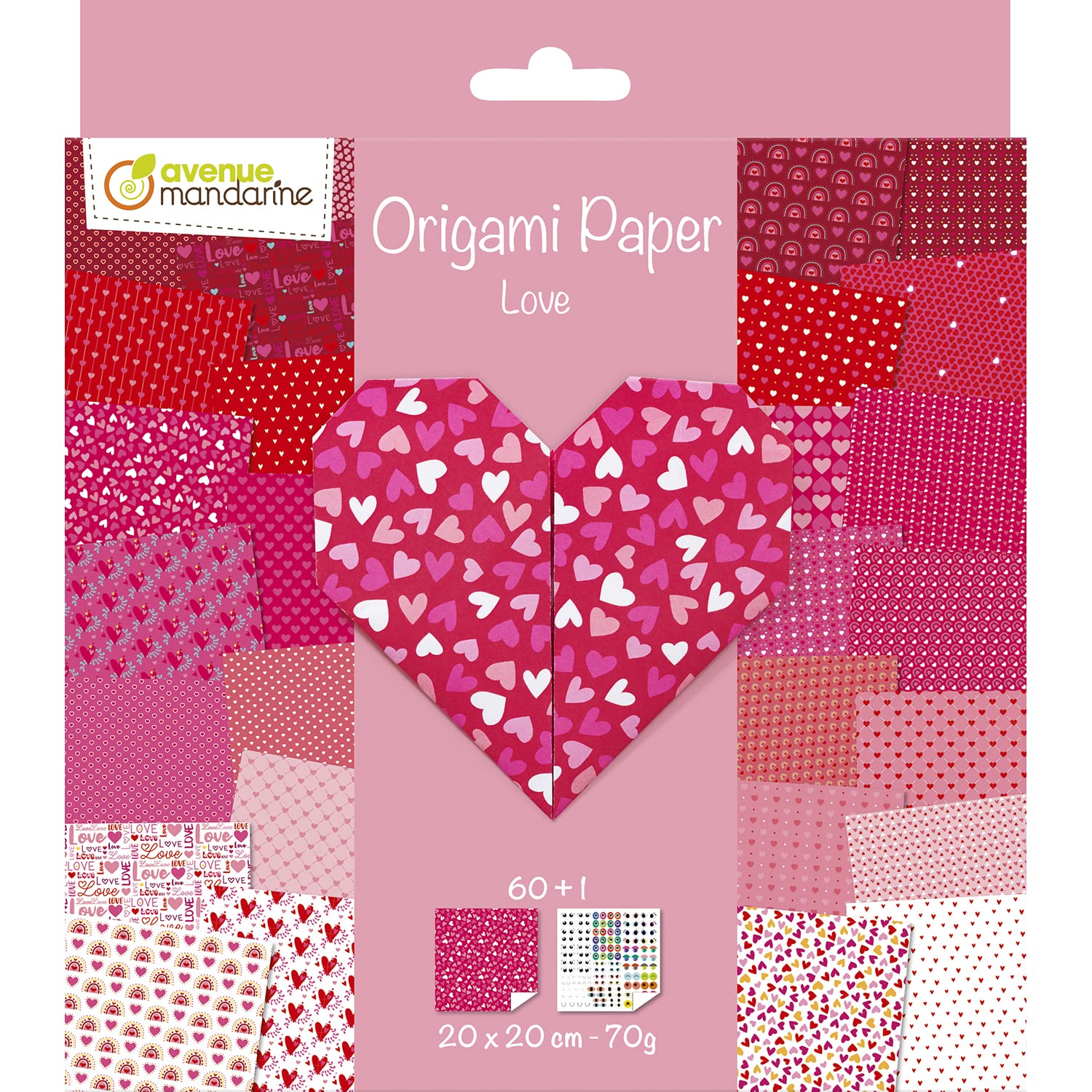 Avenue Mandarine OR518C - A pack of 60 Origami sheets - Dimensions: 20x20 cm 70G (30 designs x 2 sheets) + a sheet of ''Yeux'' stickers, From 7 years - LOVE