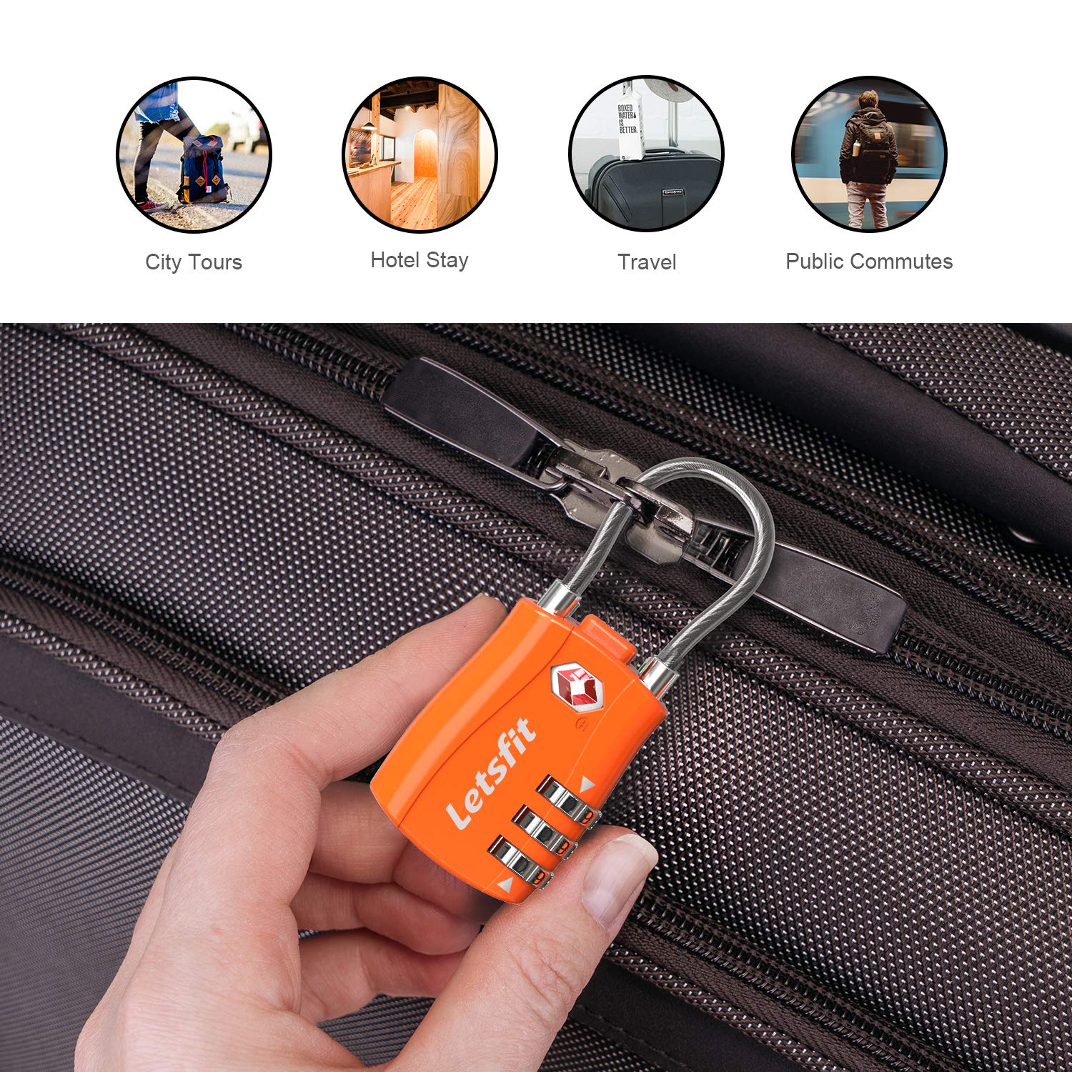 TSA Approved Luggage Locks, Letsfit Travel Combination Cable Luggage Locks, Easy Read Dials, Alloy Body - Ideal for Travel, Lockers, Bags, 4 Pack Orange