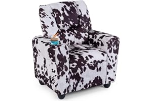 GLACER Kids Recliner with Cup Holder, Velvet Toddler Lounge Chair w/Adjustable Backrest & Footrest, Spring-Loaded Seat Cushion, Push Back Toddler Sofa for Boys & Girls Ages 3+ Years Old (Cow)