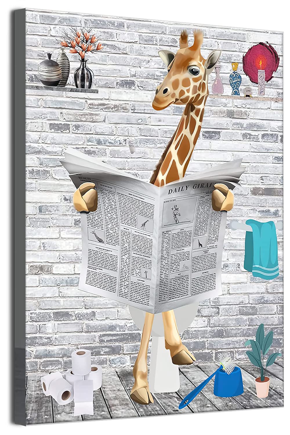 MKHFUW Funny Bathroom Wall Art, Funny Animals Reading Newspapers in the Toilet Canvas Poster for Toilet Bathroom Animals Artwork, Frameless (Giraffe, 50 x 70 cm)