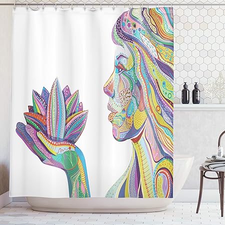 Abakuhaus Orientale Tenda Da Doccia Figura Donna Spirituale Di Yoga Con Il Fiore Di Loto Con Il Disegno Ornamentale Idrorepellente Resiliente Opaco