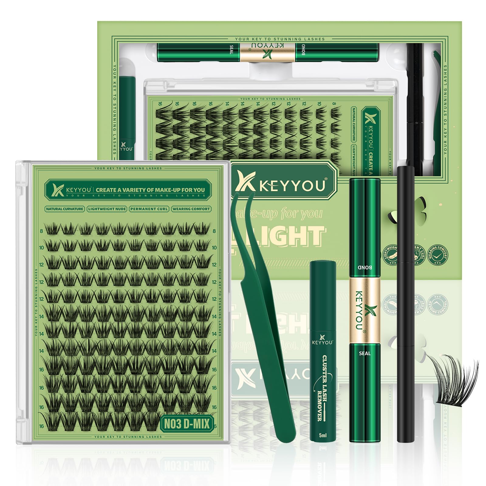 Photo 1 of KEYYOU Natural Lash Clusters Kit 144Pcs DIY Lash Extension Kit Wispy Eyelash Extensions Kit D Curl 8-18MIX with Bond and Seal and tweezers with Thin Lash Band(KIT-N03-D-8-18MIX)