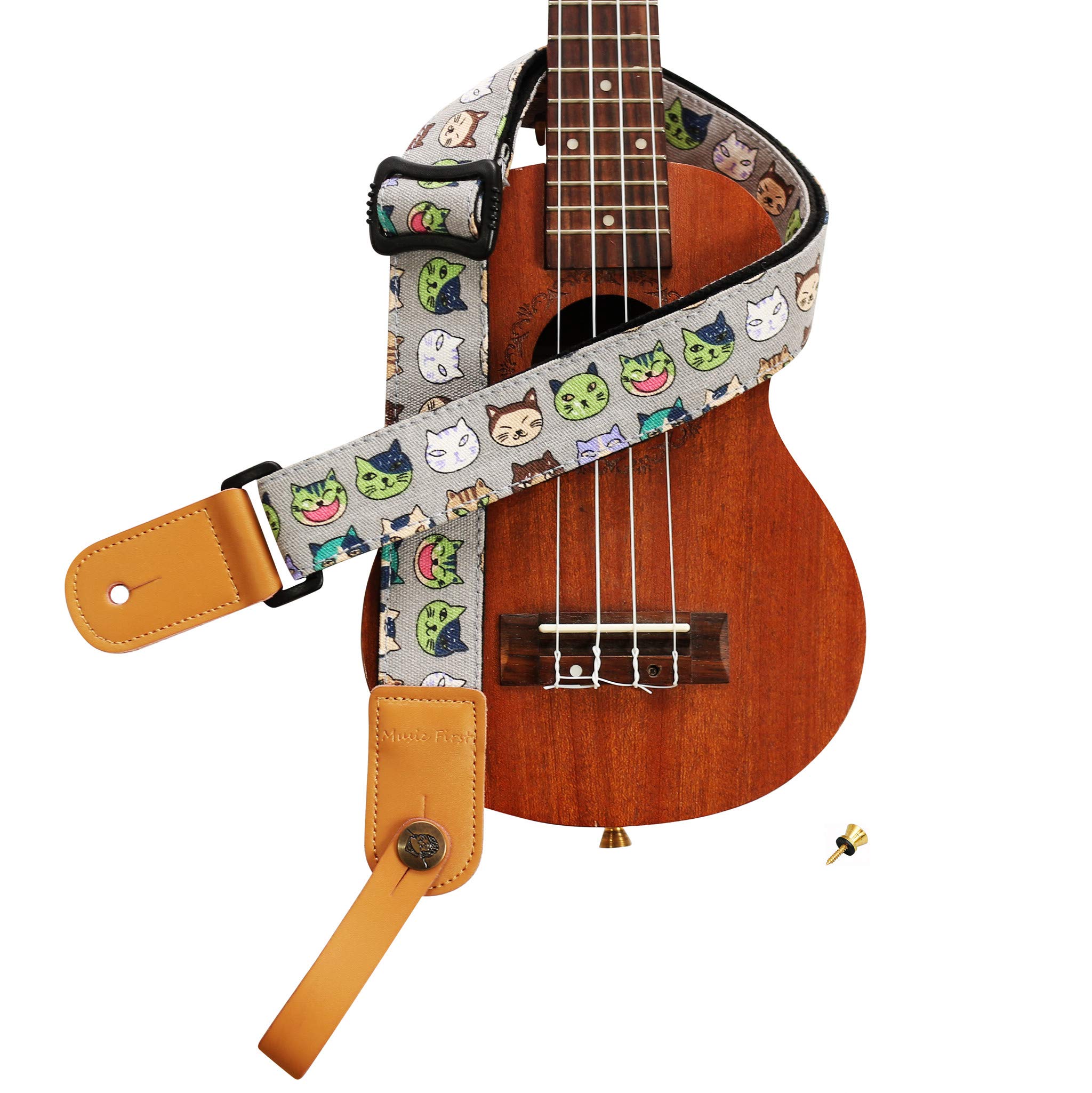 MUSIC FIRST Original Design Cute Cartoon “Watermelon Cat” Soft Cotton & Genuine Leather Ukulele Strap Ukulele Shoulder Strap With a MUSIC FIRST Genuine Leather Strap Locker