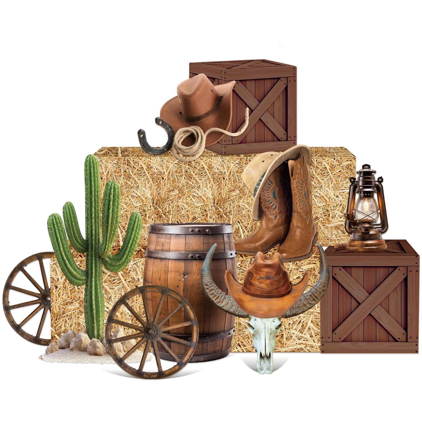 Photo 1 of 16 Pcs Western Cowboy Party Supplies Decorations Set 6 Hay Bales Boxes 2 Wood Print Boxes 2 Wood Wagon Wheels and 6 Western Cowboy Backdrop Decor for Birthday Farm Party Favors