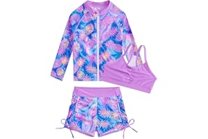 Funnycokid Girls Swimsuit 3 Pieces Zip Rash Guard Set Bikini Bathing Suits Boyshort Summer Kids Swimwear 3-10 Years