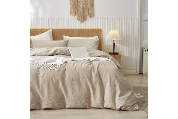 LIFETOWN 100% Washed Cotton Duvet Cover Set Linen Feel Natural Wrinkle Lightweight Comfy (Queen, Linen)