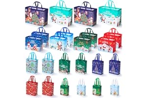 EQOREIIN Christmas Gift Bags 24 Pack Assorted Sizes - Variety Pack Includes (4XL+8L+8M+4S) Non-Woven Reusable Tote Bags with Handles for All Xmas Gifts, Holiday Party Favors & Decor