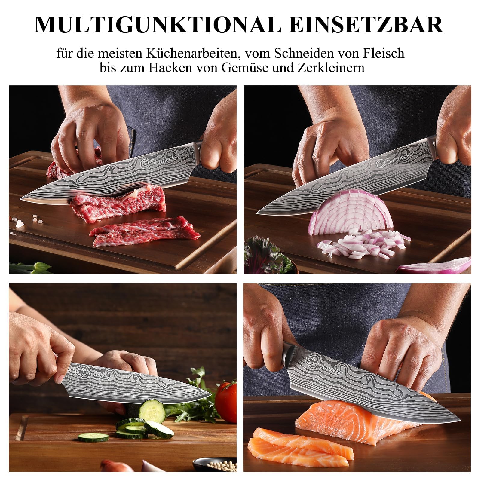 Sunnecko 20cm Messer Küchenmesser Kochmesser - Küchenmesser Profi Messer Scharfes Chefmesser Edelstahl Fleischmesser mit Pakkaholz Griff Allzweckmesser Scharf Klinge mit Geschenkbox 7