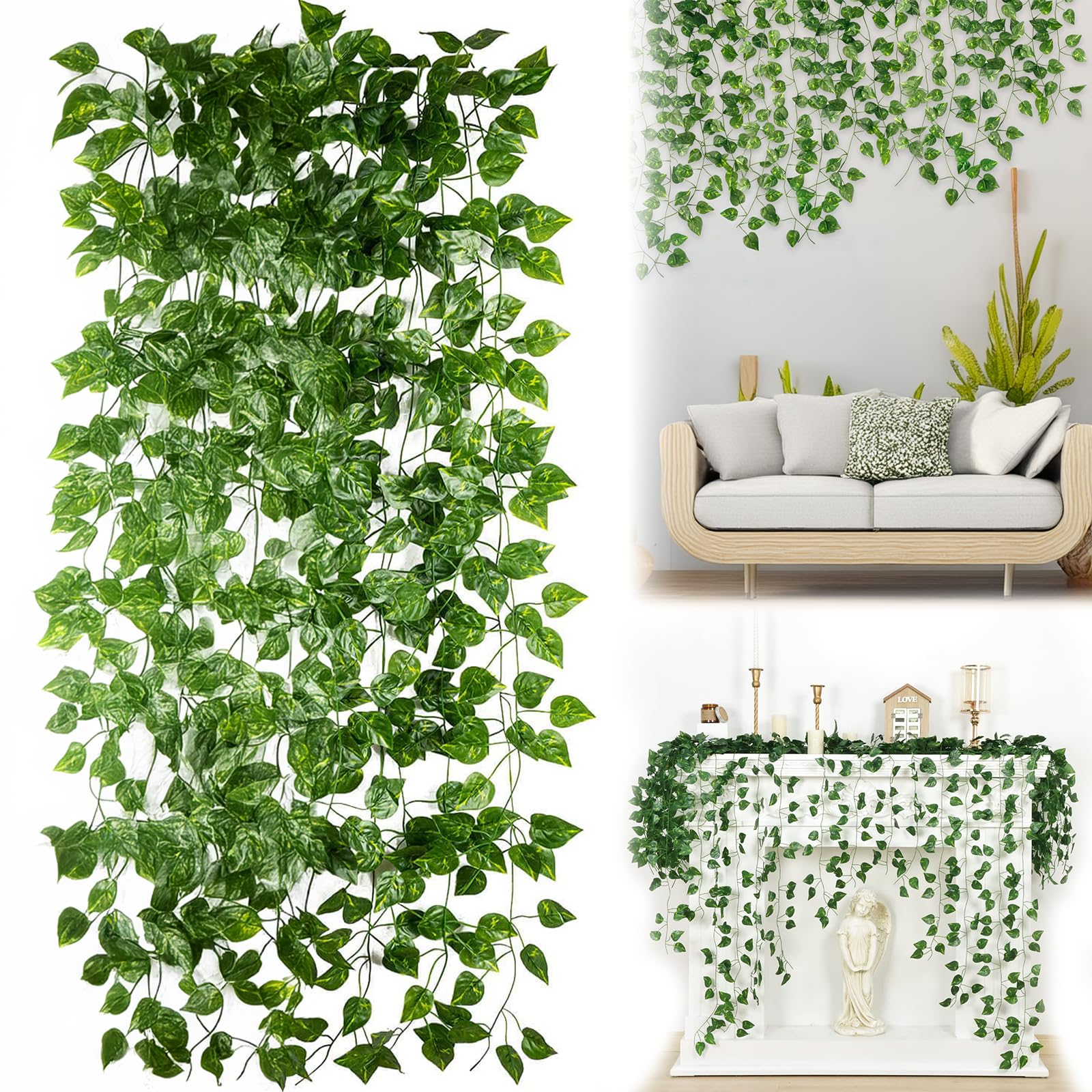 Artificial-Garland-Decoration Fake Ivy - 14 Pack 98FT Artificial Ivy Garland Fake Vines, UV Resistant Green Leaves Fake Plants Hanging Vines for Wedding Party Garden Wall Bedroom Room Decor