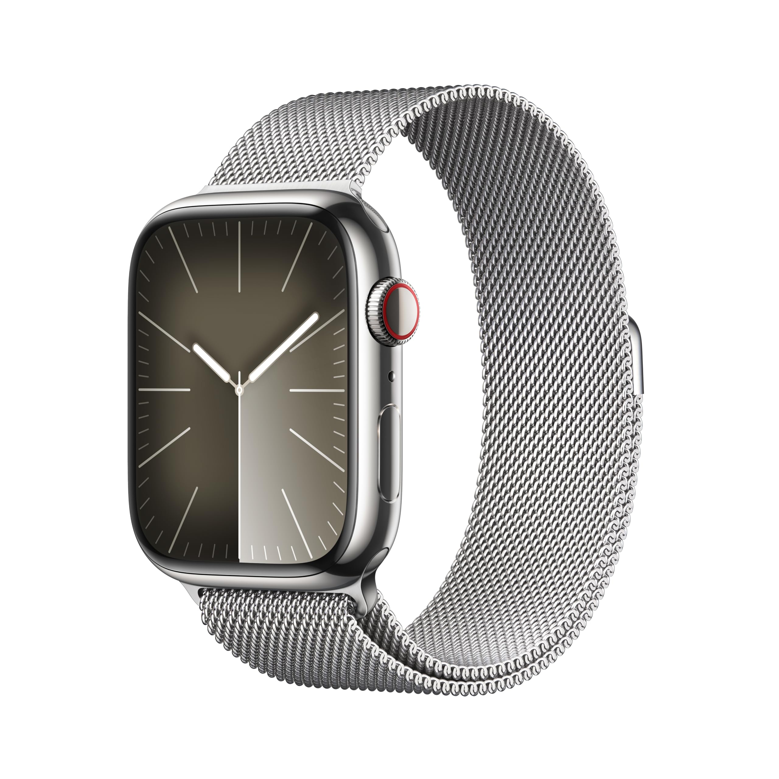 Apple Watch Series 9 [GPS + Cellular 45mm] Smartwatch with Silver Stainless Steel Case with Silver Milanese Loop. Fitness Tracker, Blood Oxygen & ECG Apps, Always-On Retina Display Image