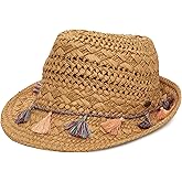 Funky Junque Women's Straw Fedora Sun Hat - UPF 50+ Protection, Short Brim, Stylish Woven Pattern