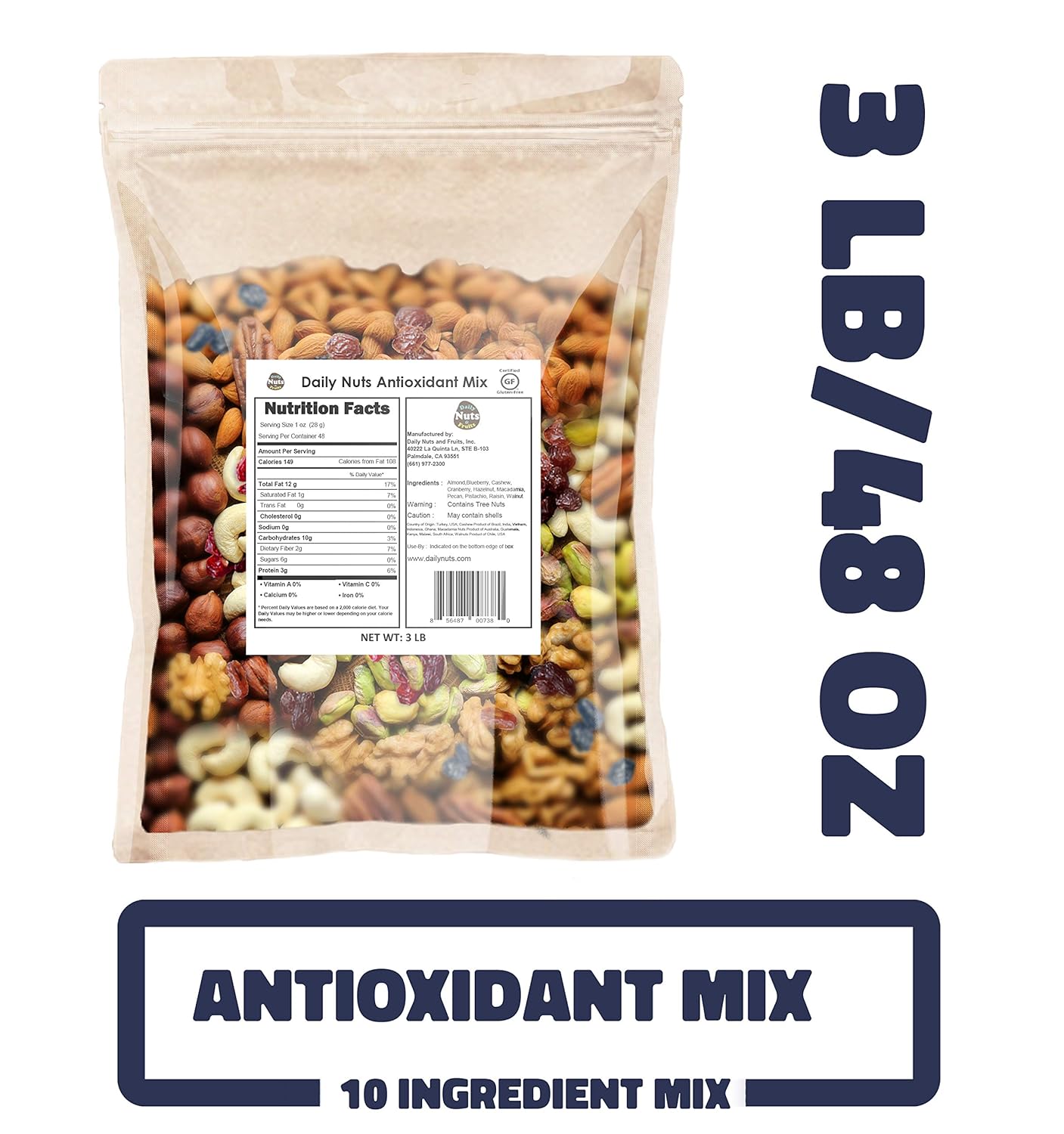 Daily Nuts Antioxidant Mix (7 TREE NUTS + 3 DRIED FRUITS, 48 OZ) (Kosher Certified)