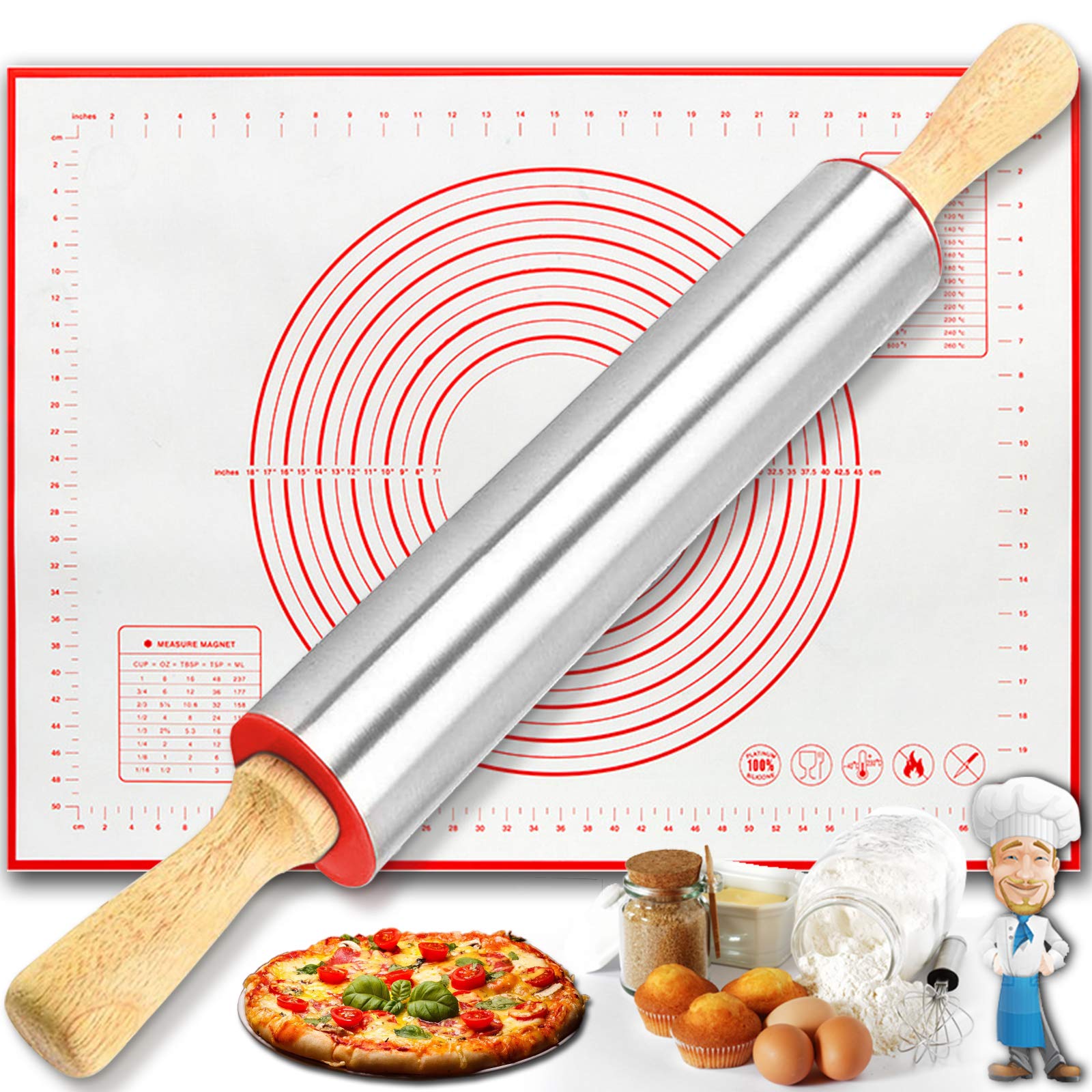 Rolling Pin and Silicone Baking Pastry Mat Set, Smooth Non Stick Stainless Steel Dough Roller, Rolling Pins with Wooden Handle + BBQ Mat for Baking Pizza, Pastries, Pasta, Cookies, Fondant Icing