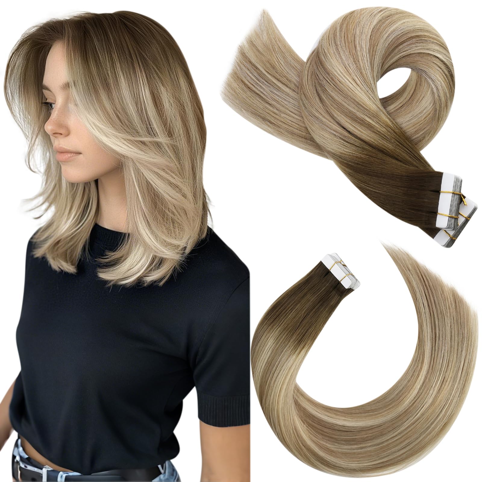 Moresoo Tape in Hair Extensions Human Hair 12 Inch Balayage Tape in Extensions Brown to Chestnut Brown with Medium Blonde 20Pieces/30g #3/8/22
