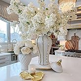 Ginger Jar, 18" White Gold Ceramic Vase with Gold Trim, Porcelain Ceramic Vase for Home Decor, Vintage Ginger Vase for Home, Wedding, Party Decor