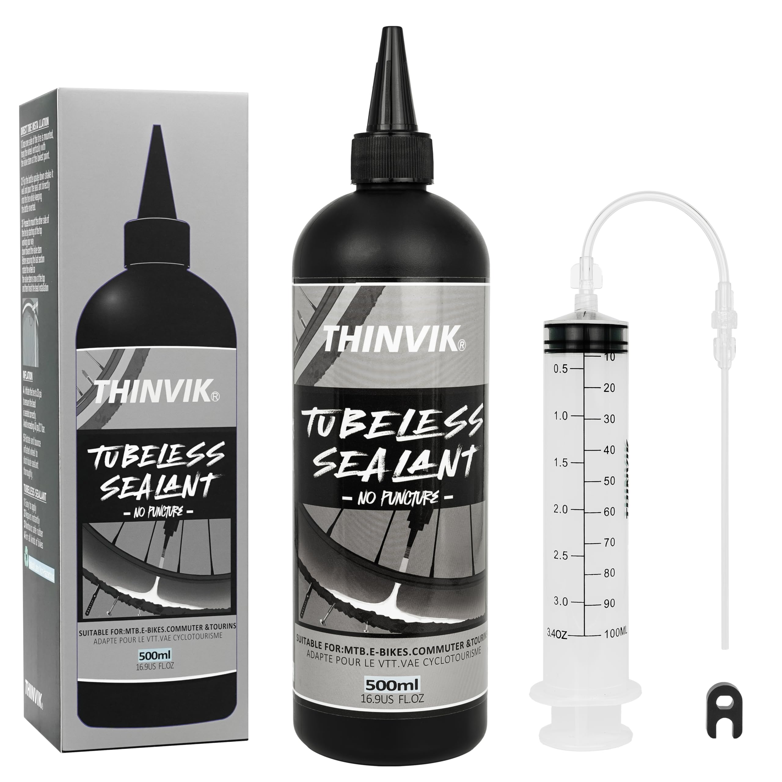 Photo 1 of Thinvik Tubeless Bike Tire Sealant No Puncture Hassle and Leak Prevention for Road Bike MTB CX and Gravel Bicycle Tyres Sealant 500ML(16.9oz)+Tubeless Sealant Injector Set
