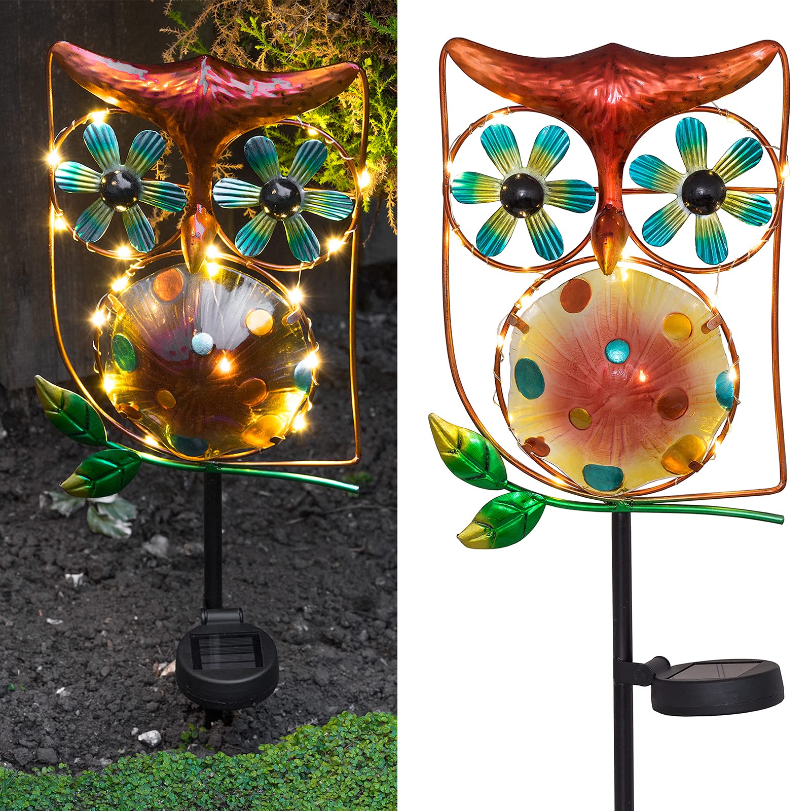 GloBrite Owl Wind Spinner with 15 LED Lights | Solar Lights Outdoor Garden Ornaments | Metal Owl Wind Sculptures | Waterproof Garden Accessories for Lawn Patio Backyard and Christmas Decorations