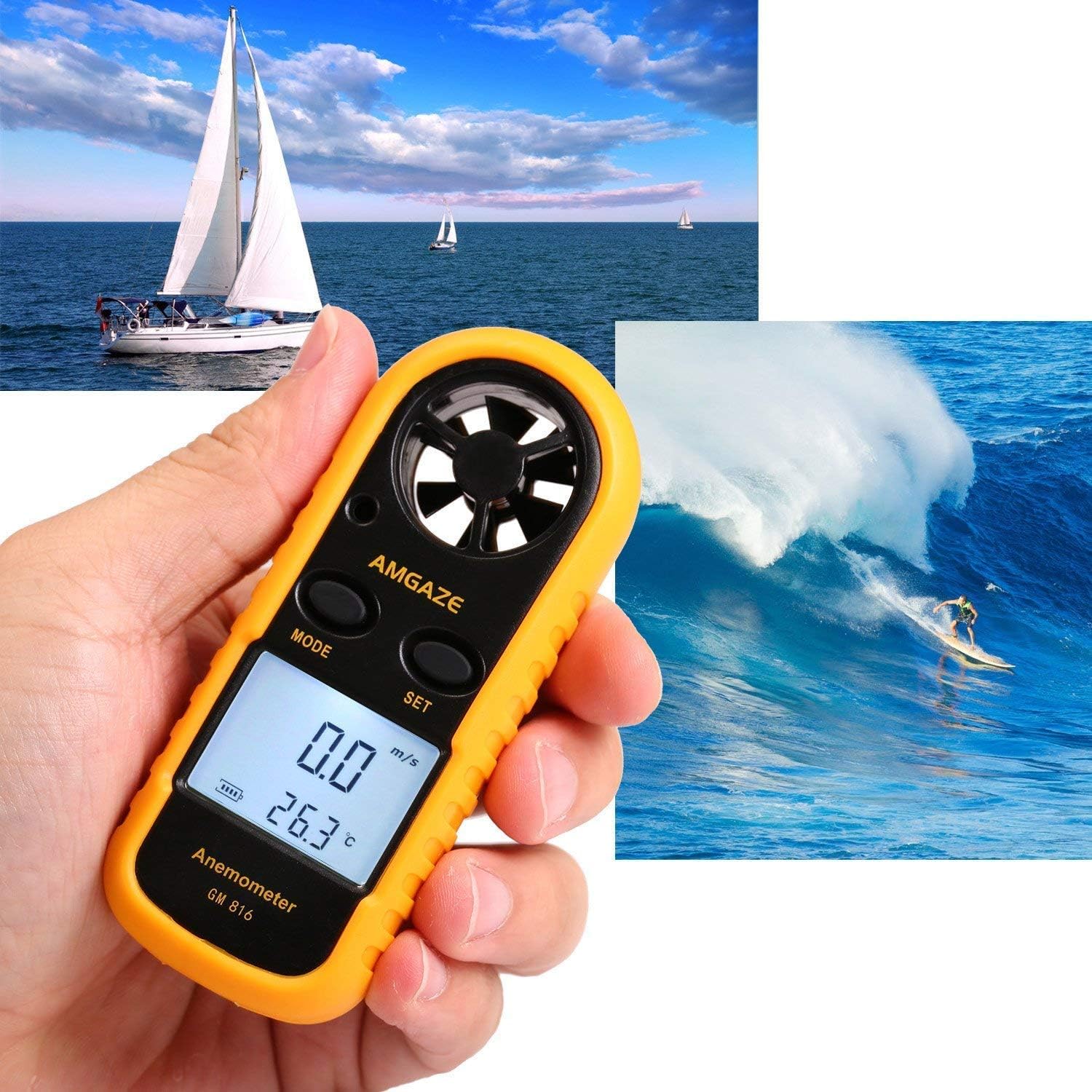 Amgaze Digital Anemometer LCD Wind Speed Gauge Handheld Air Flow Velocity Measurement Thermometer Device for RC Drones Helicopter Windsurfing Kite Flying Sailing Surfing Fishing (Battery Included) - Image 4