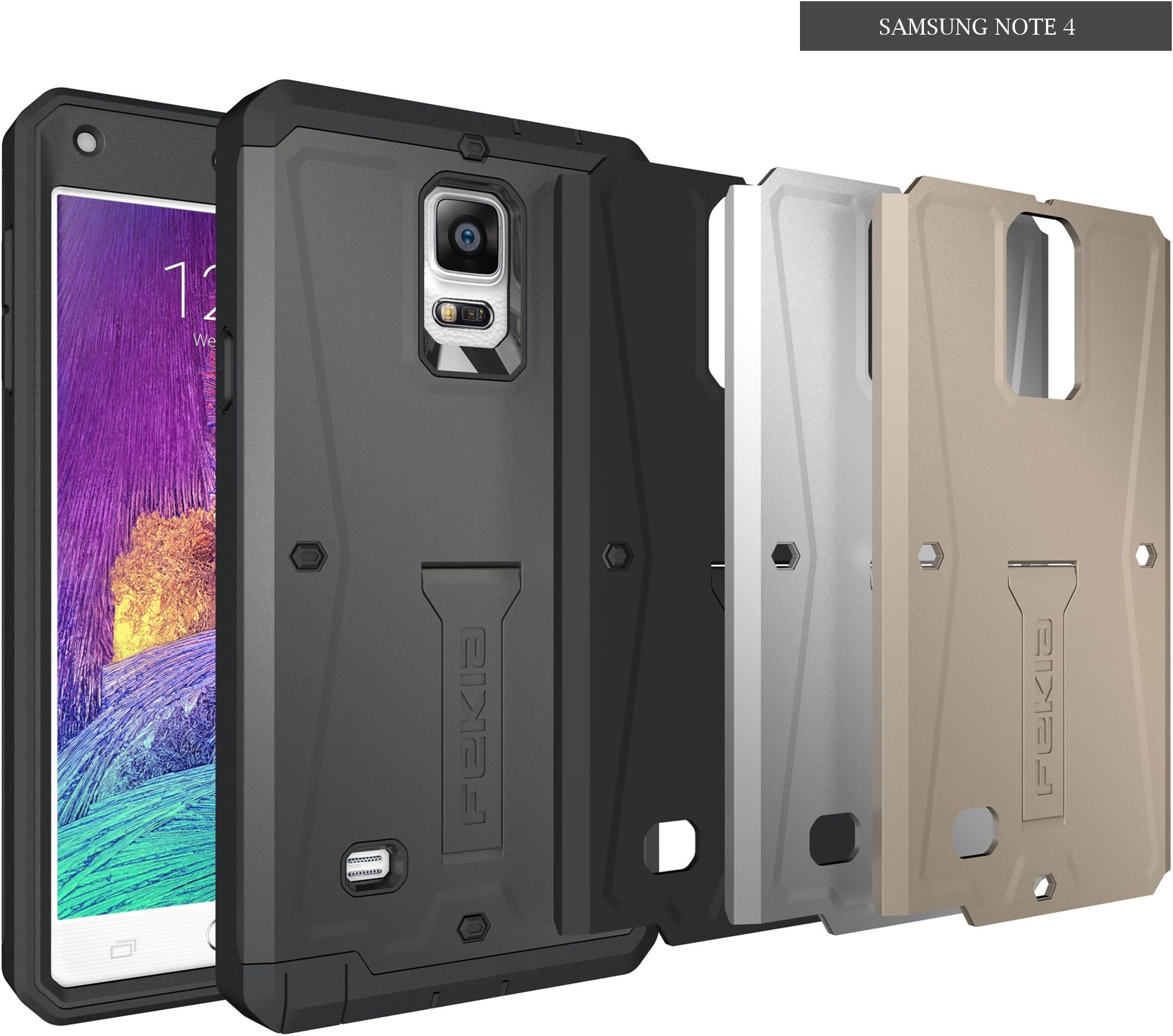 Note 4 Case, FEKIA [Armor Tank] HEAVY DUTY Built-in Screen Protector Rugged Full Body Protective Durable Hybrid Case with Kick Stand [4 x Interchangeable Back Plates Included] Samsung Note 4 Cover
