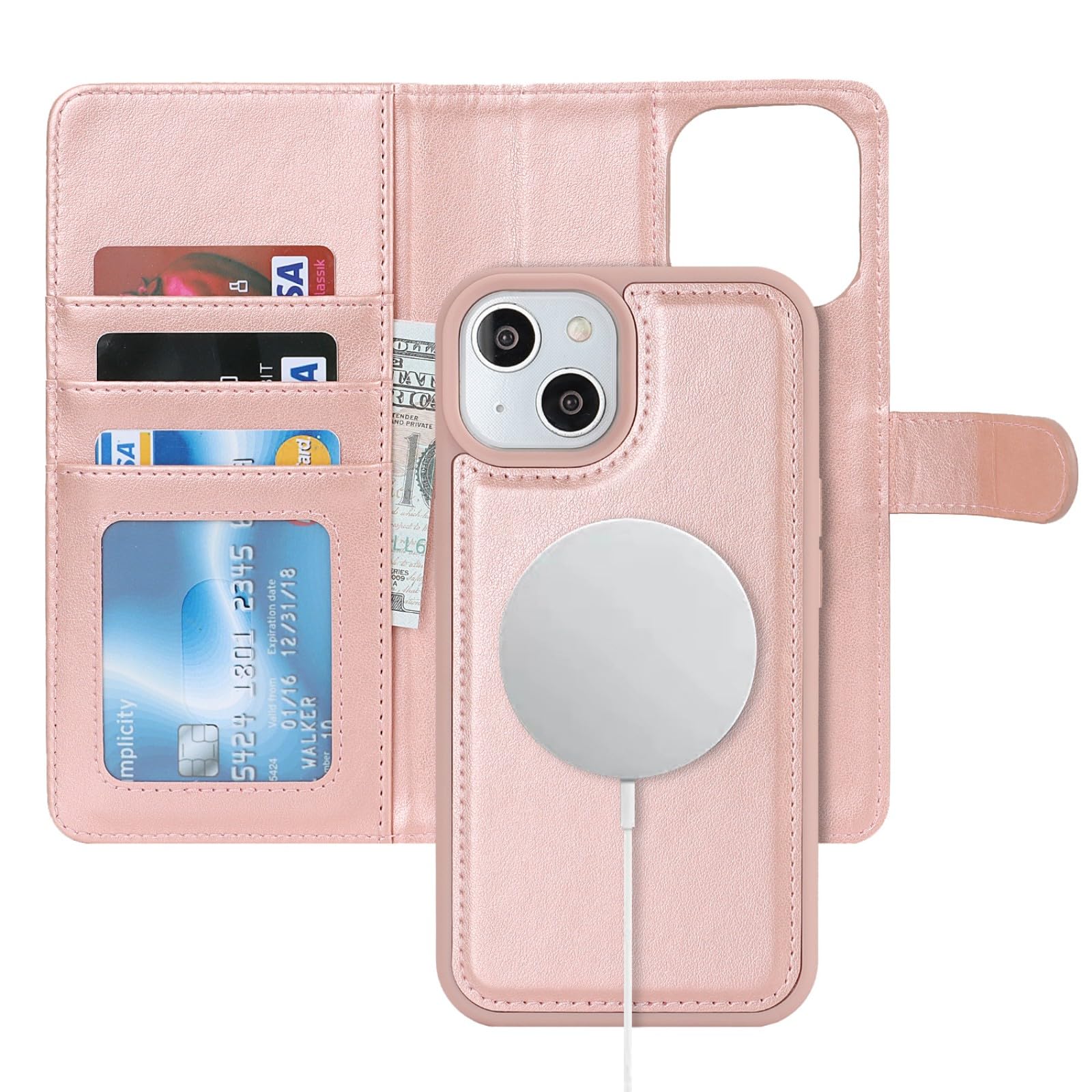 Zouzt for iPhone 13/14 6.1 Inch Detachable Wallet Case with Card Holder for MagSafe, Premium PU Leather 2 in 1 Flip Folio Book Magnetic Stand Protective Phone Cover for iPhone 13/14 - Rose Gold — image 1